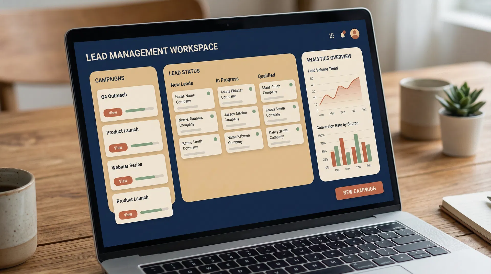 FraterAI dashboard showing campaigns, a lead board, and analytics overview.
